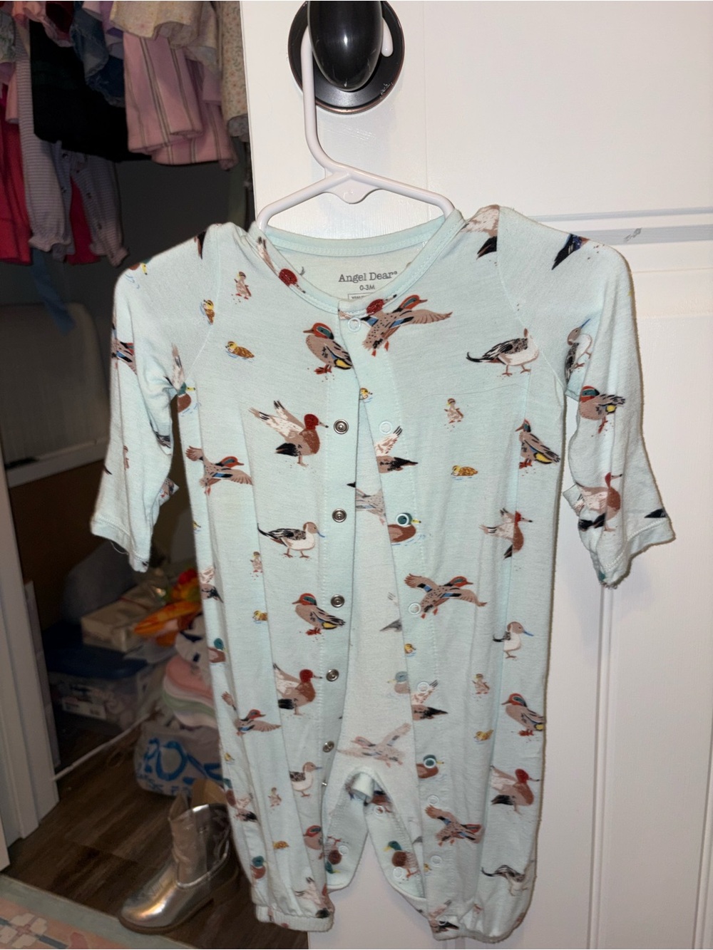 Angel Dear Mint Blue Bird-Print Snap Front Pajama Romper